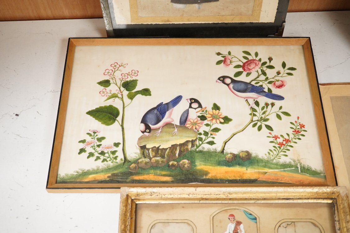 Chinese School, 19th century, Four framed pith paintings of figures boats and birds in landscapes and a Wakyosai woodblock print, largest 38 x 28cm, one unframed